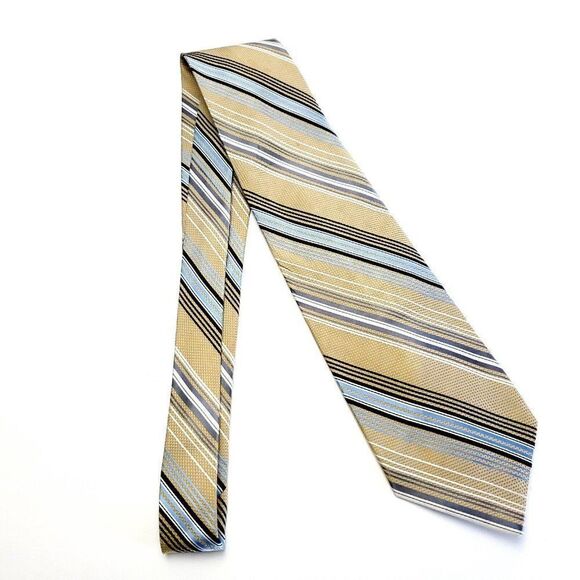 Bruno Piattelli Tan‎ Blue Striped Woven Wide Silk Tie - Picture 6 of 6